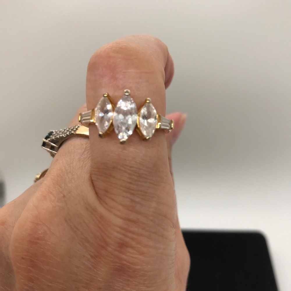 Burke Marquise 3 Stone Engagement Ring  2.5ct  YGI .Gold Plated over .925 Size 8